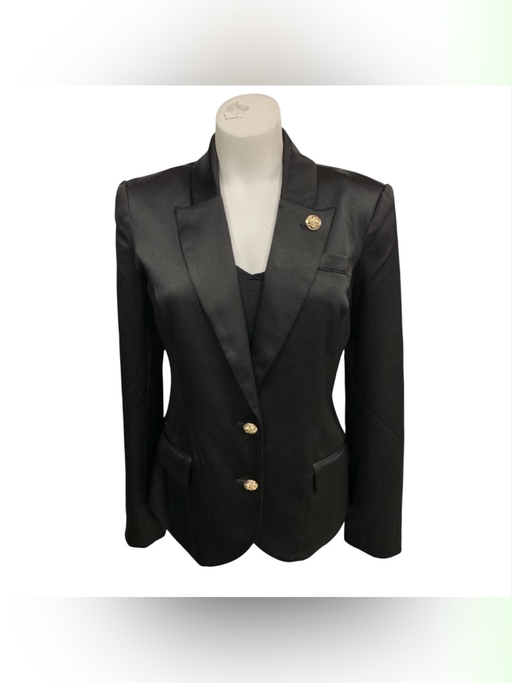 Guess Black Satin Lapel Blazer with Gold Emblem Buttons Size S